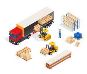 Illustration shows warehouse workers with semitruck, forklift, packages, and shelves.