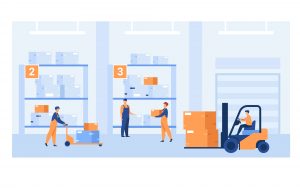 Illustration that shows workers and forklift in warehouse.
