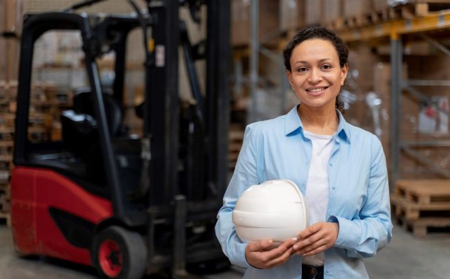 Photo of woman in warehouse with hard hat under her arm illustrates blog: "Career Growth With Warehouse Jobs: What You Need To Know"